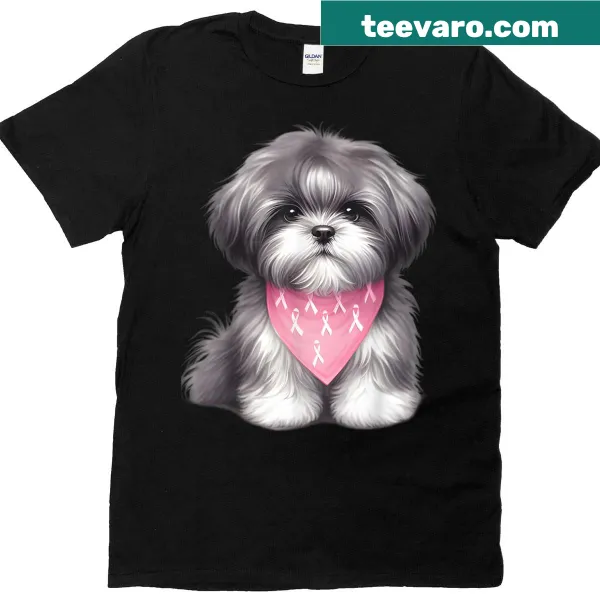 Shih Tzu graphic with pink ribbon for breast cancer awareness.