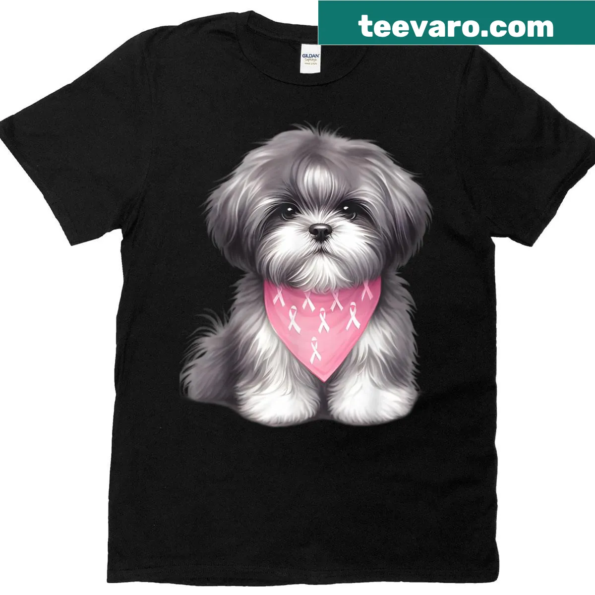 Shih Tzu graphic with pink ribbon for breast cancer awareness. — on a men's t-shirt