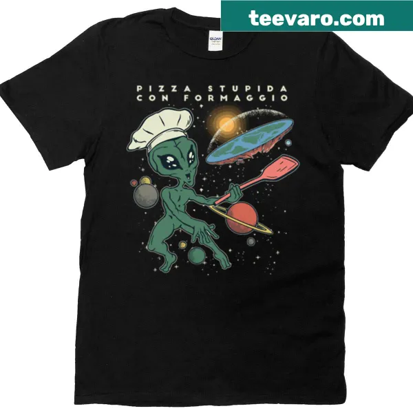 Playful alien T-shirt holding a slice of pizza in a cartoon style