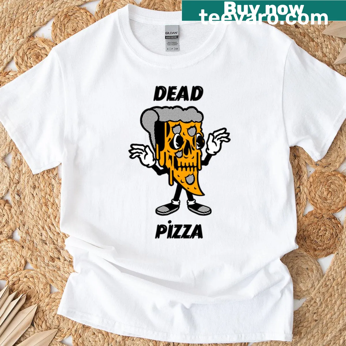 Skeleton graphic enjoying a pizza on a t-shirt — on a men's t-shirt
