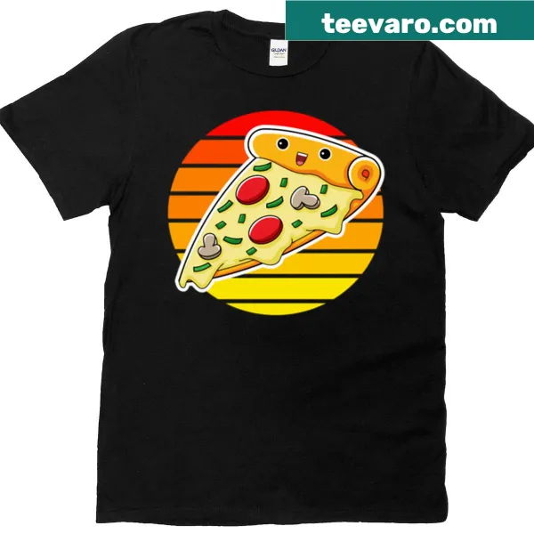 Illustrated t-shirt with pizza under a sunset design