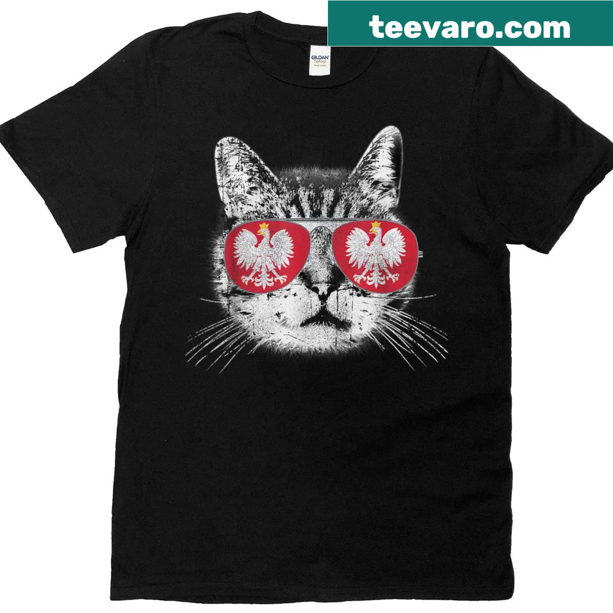 Vintage Polish flag cat t-shirt design — on a men's t-shirt