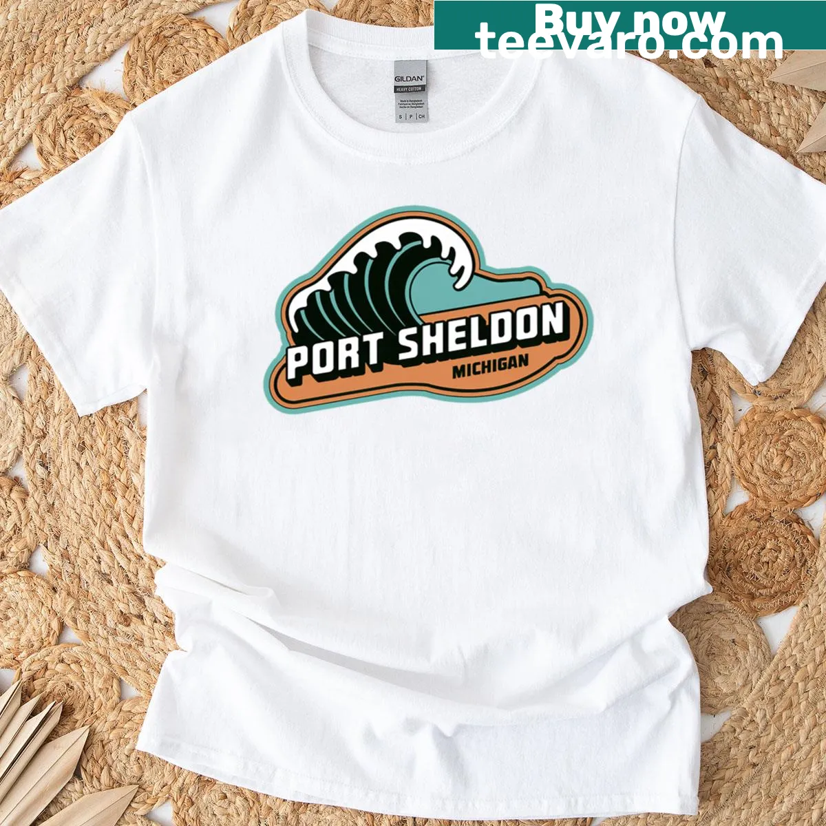 Retro wave decal design representing Port Sheldon, Michigan on a T-shirt — on a men's t-shirt