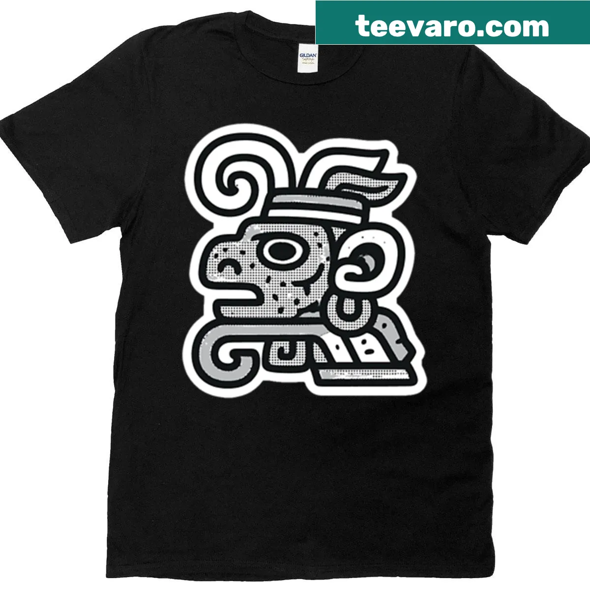 Black and white pre-columbian symbol t-shirt — on a men's t-shirt