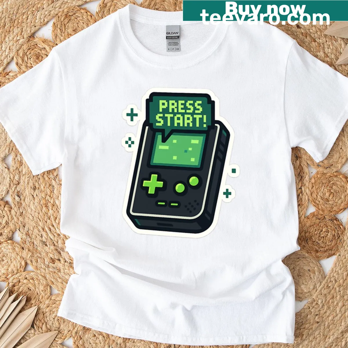 Oversized gaming T-shirt with pixel art handheld console and 'Press Start' — on a men's t-shirt