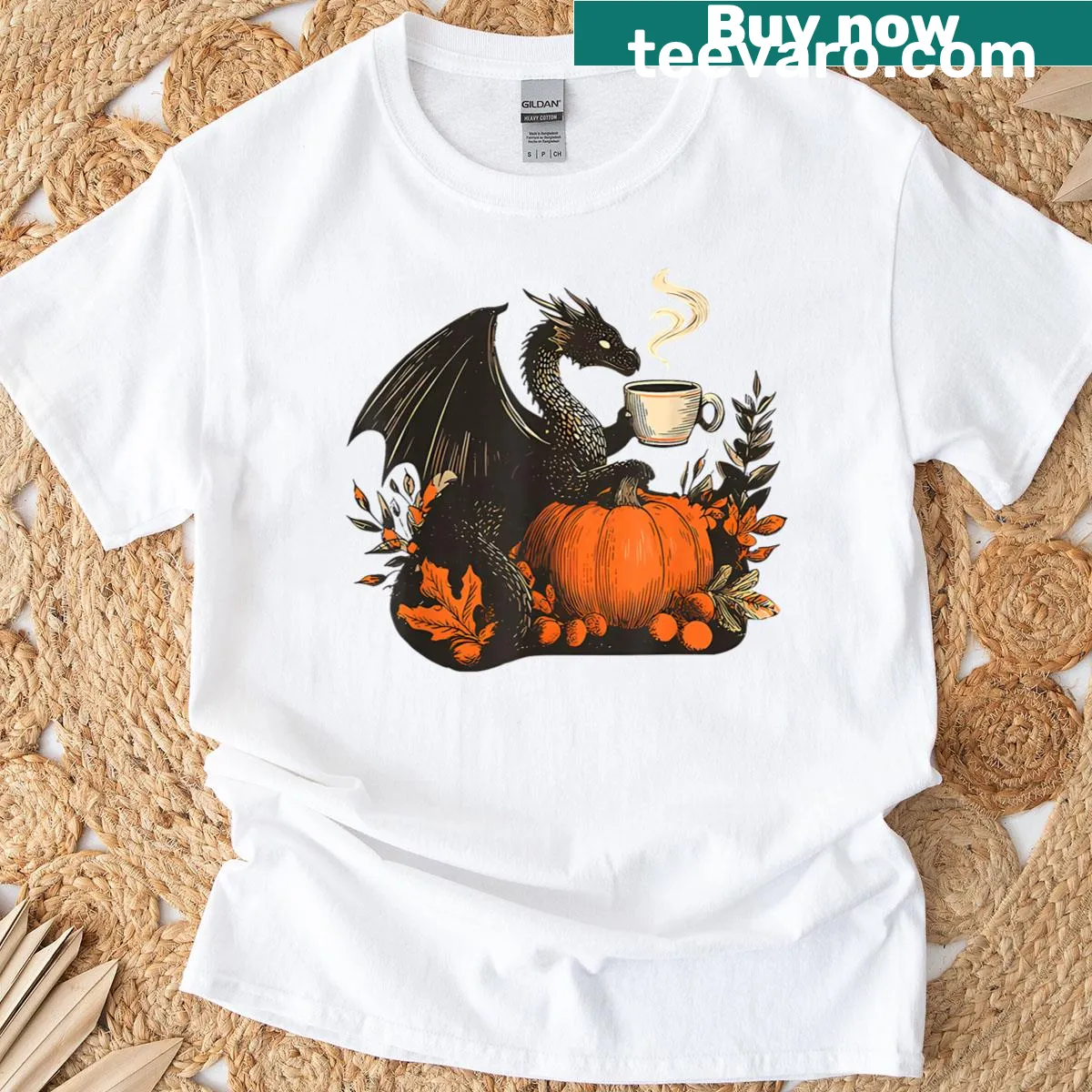 Illustrated dragon with pumpkins on a T-shirt — on a men's t-shirt