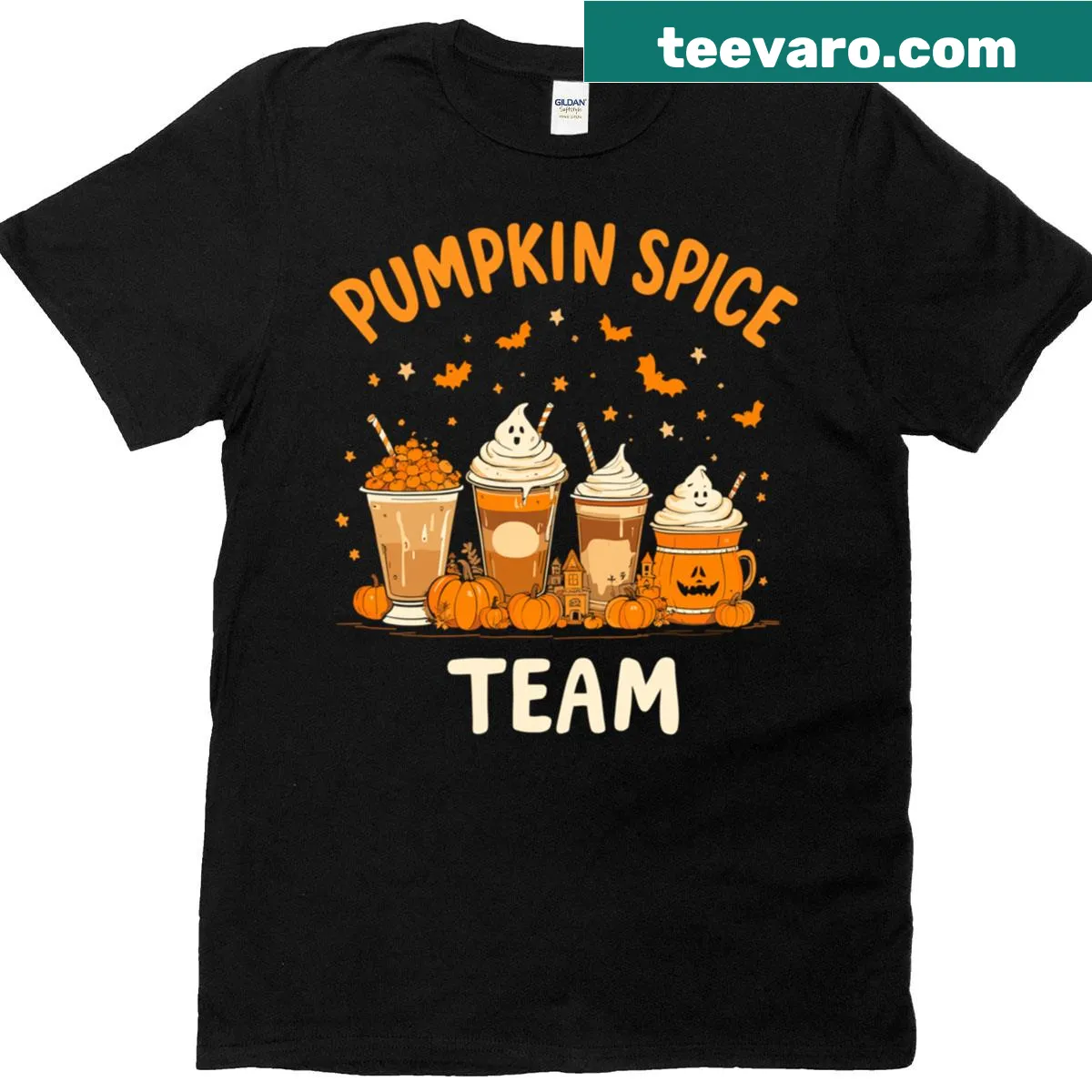 Shirt with 'Pumpkin Spice Team' text and autumn-themed graphics — on a men's t-shirt