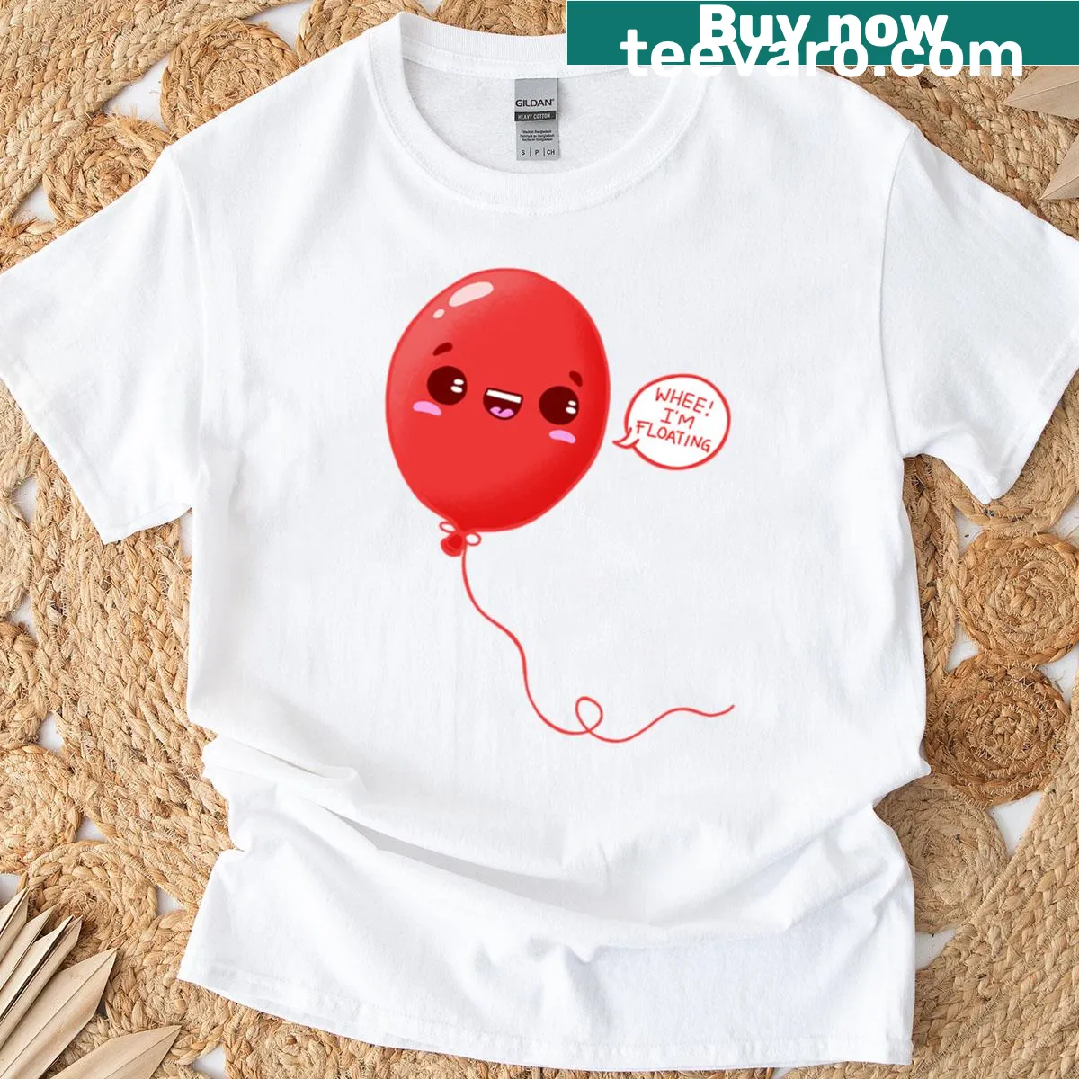 Illustrated red balloon t-shirt with playful text 'Whee! I'm Floating' — on a men's t-shirt