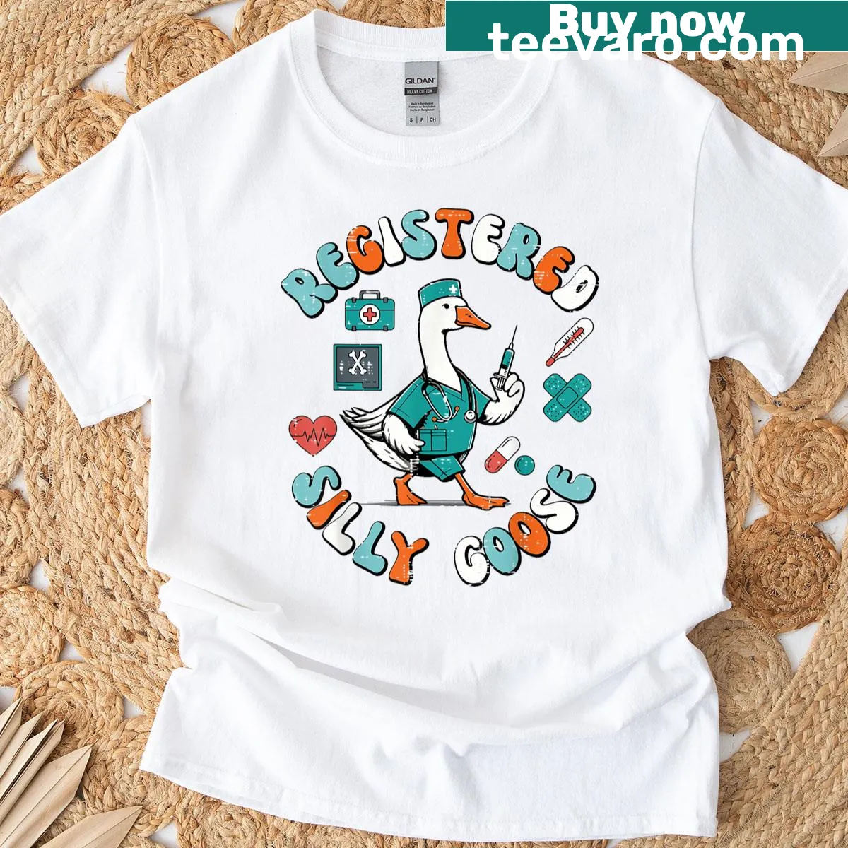 Cartoon goose in nurse cap with 'Registered Goose' text — on a men's t-shirt