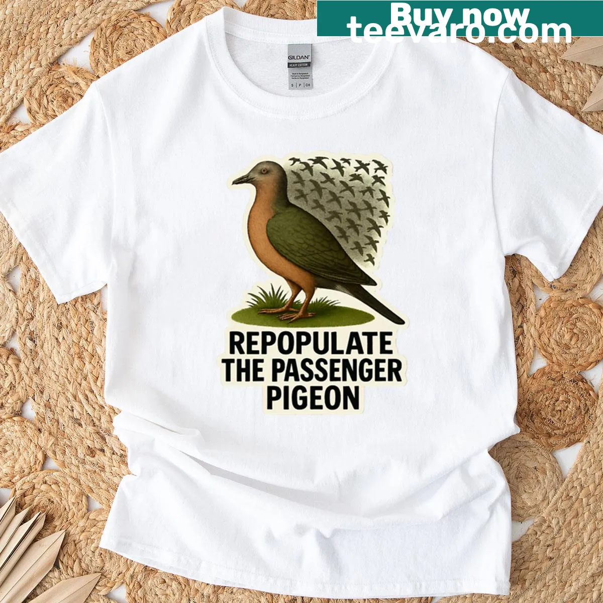 Oversized T-shirt with design promoting passenger pigeon conservation — on a men's t-shirt