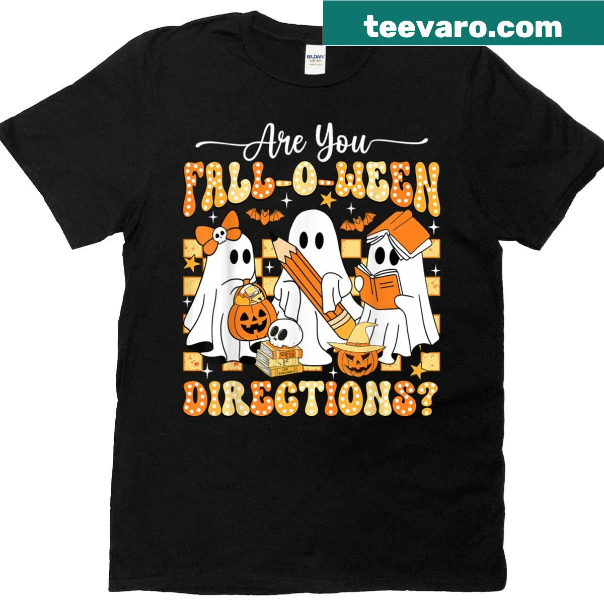 Halloween-themed teacher t-shirt with playful ghosts — on a men's t-shirt