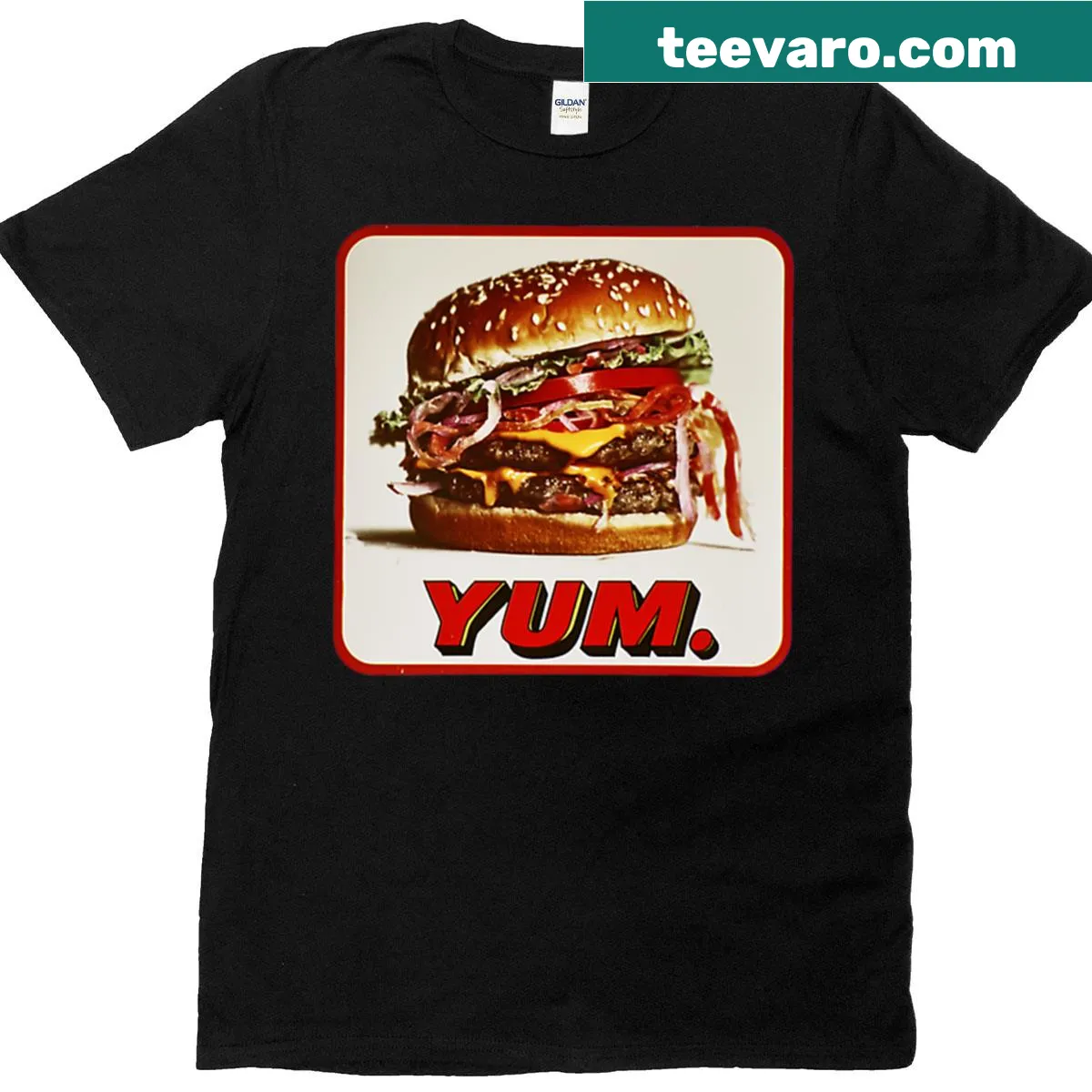 Illustrated pop art burger t-shirt in retro style — on a men's t-shirt