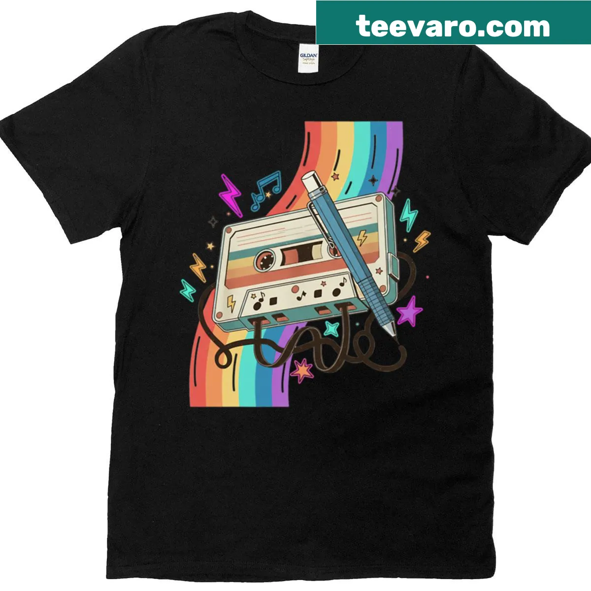 T-shirt with retro cassette tape and pencil illustration — on a men's t-shirt