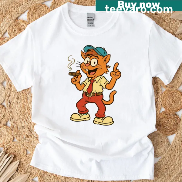 Retro 80s style t-shirt featuring a playful cat graphic and bold text