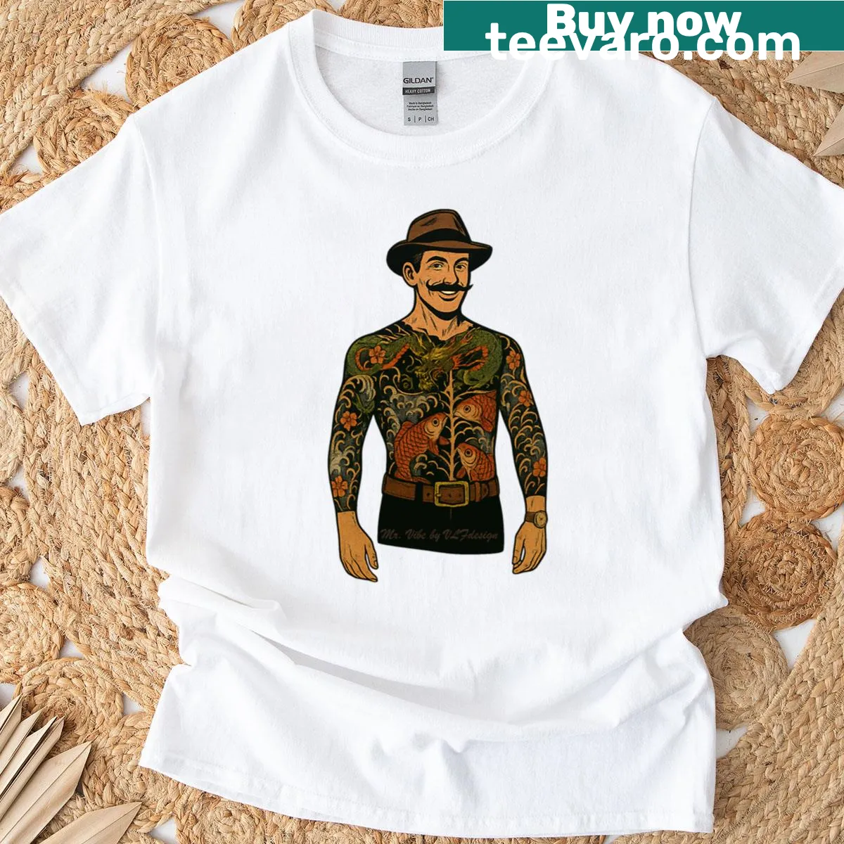 Vintage Japanese Irezumi art graphic on a retro comic style T-shirt. — on a men's t-shirt