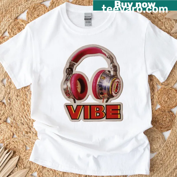Illustrated T-shirt with retro headphones and 'Vibe' text