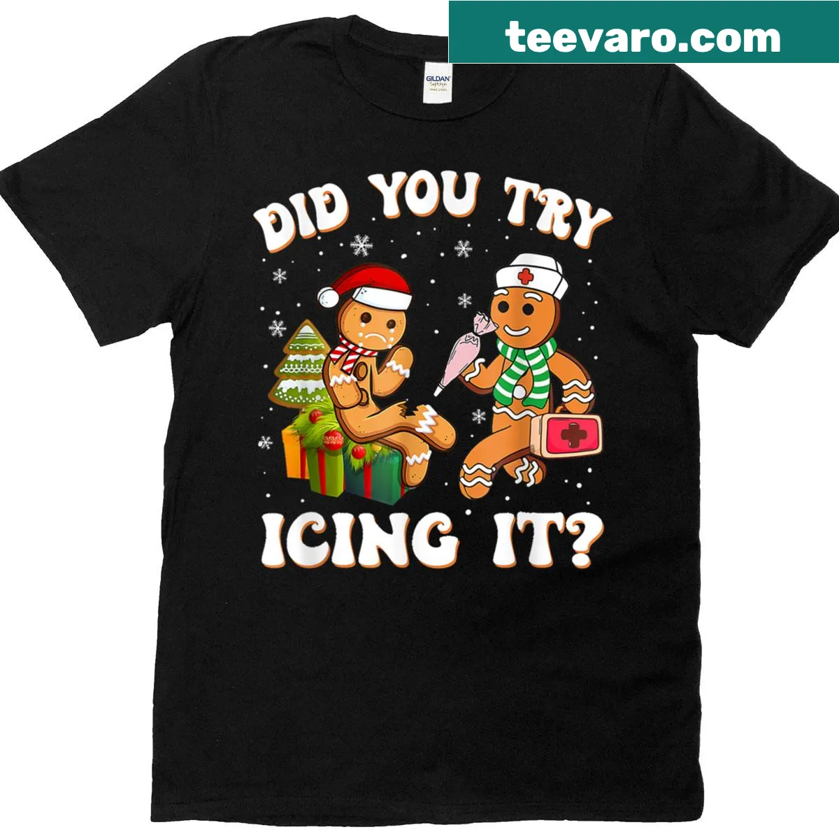 Funny ICU nurse Christmas t-shirt with gingerbread design — on a men's t-shirt