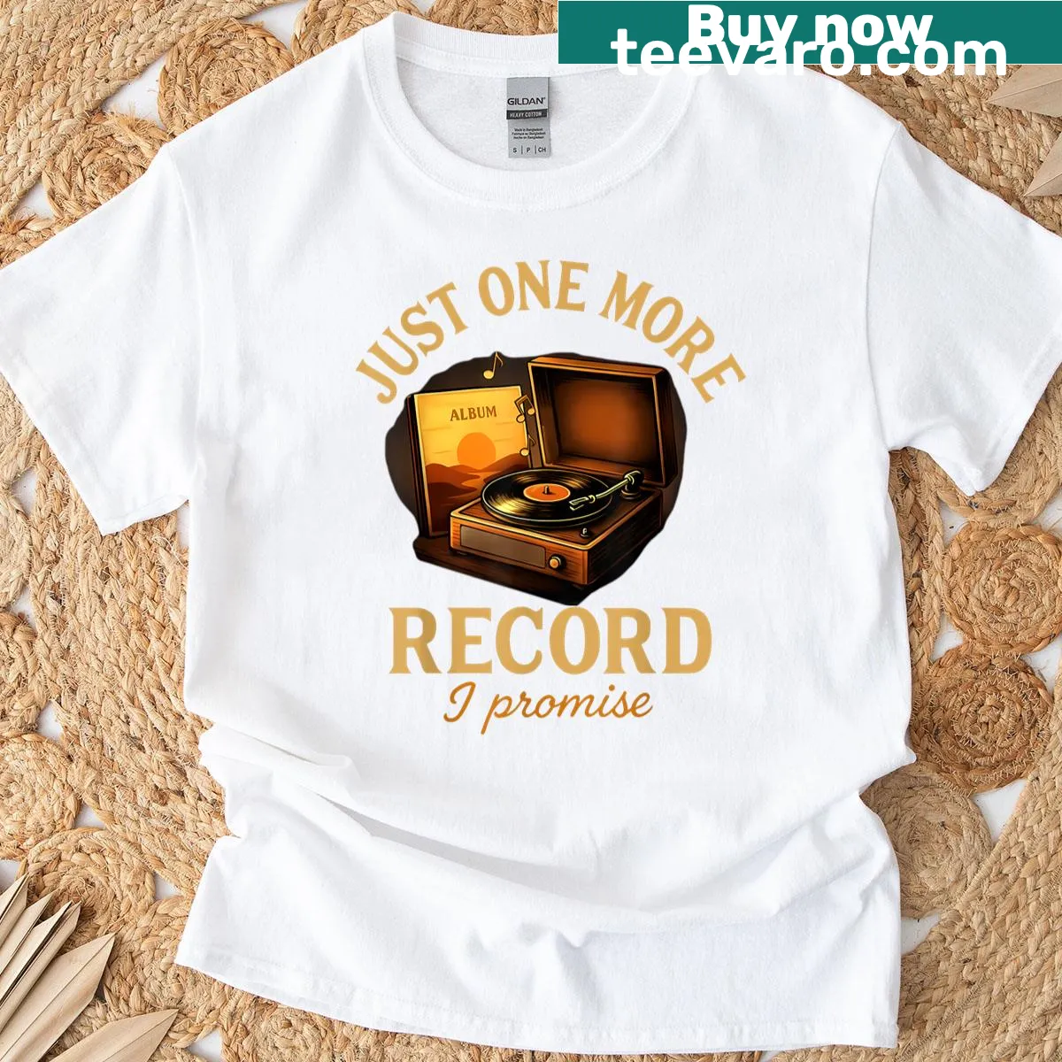 T-shirt with a playful illustration about collecting vinyl records. — on a men's t-shirt
