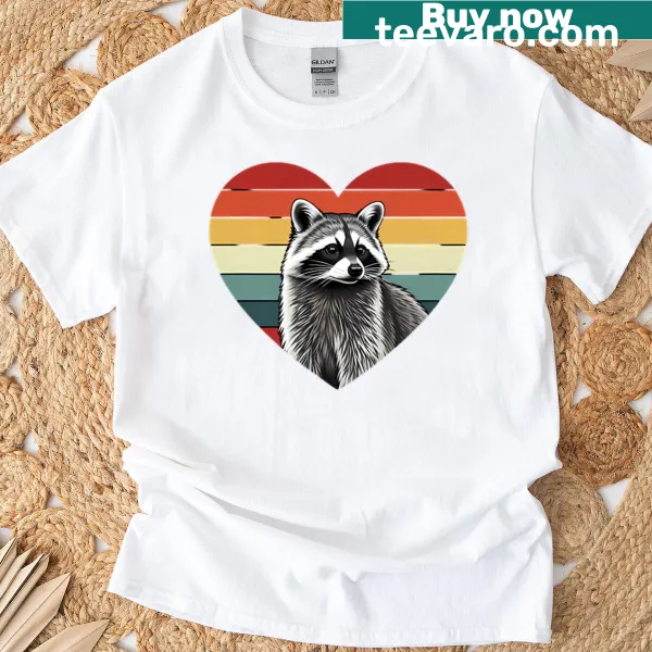 Retro Raccoon graphic inside a heart on a casual t-shirt