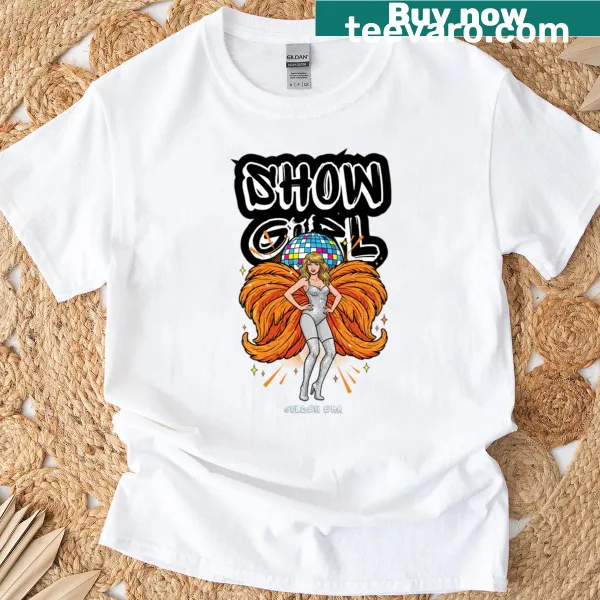 Illustration of a whimsical showgirl design on a T-shirt