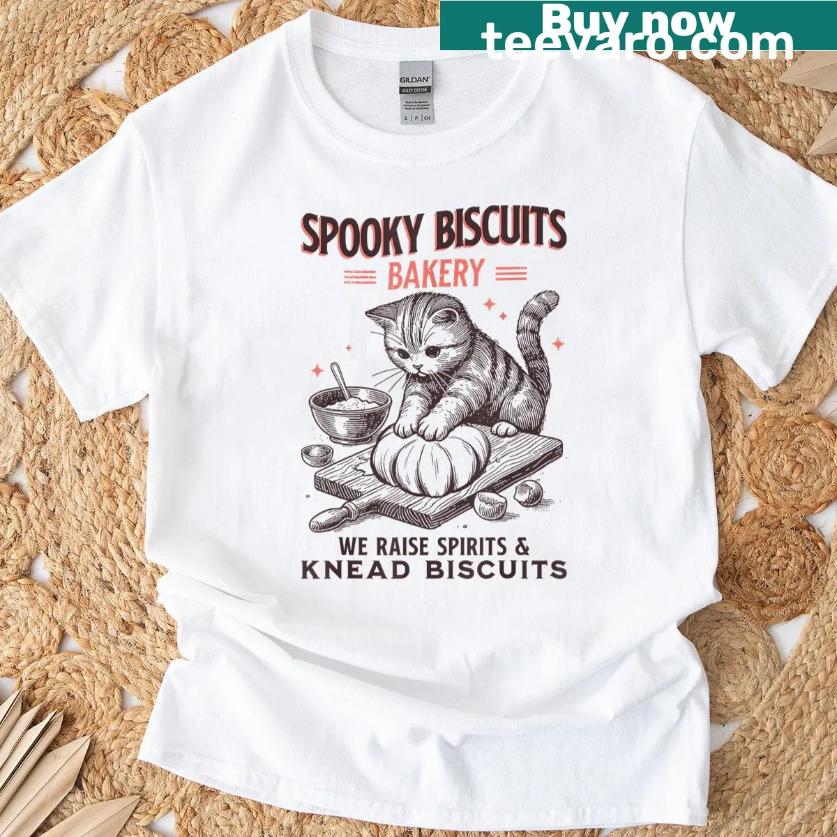 Cute Halloween t-shirt with kittens, biscuits, and pumpkins design. — on a men's t-shirt