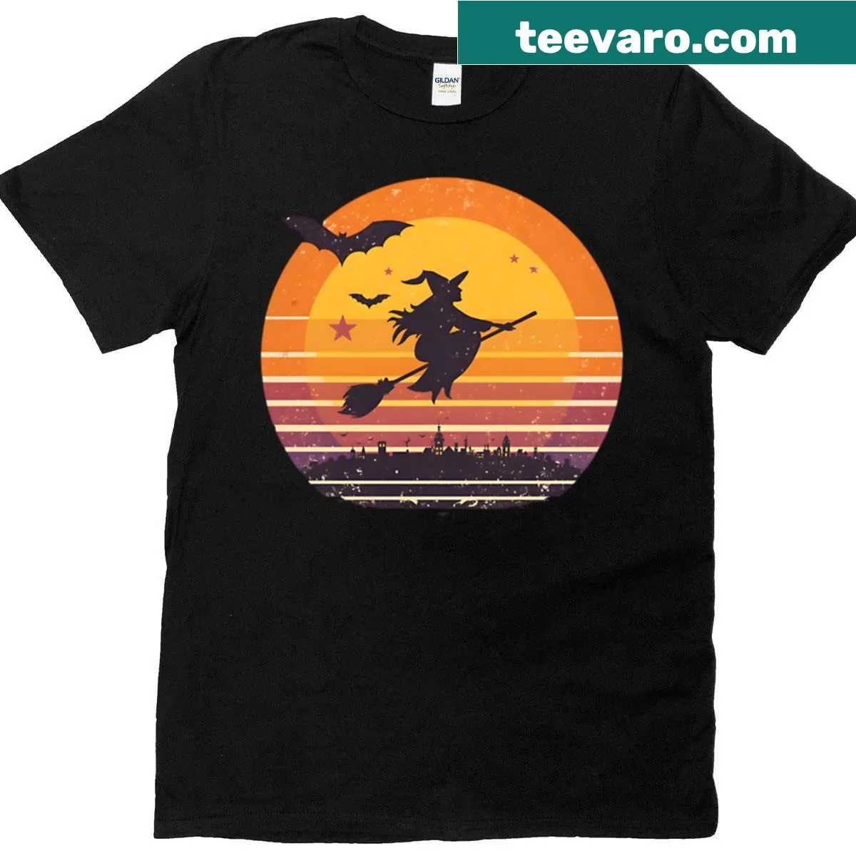 Vintage Halloween shirt with a witch flying on a broomstick at sunset — on a men's t-shirt