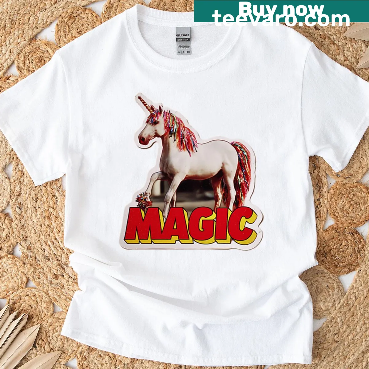Vintage unicorn illustration with magical text on a t-shirt — on a men's t-shirt