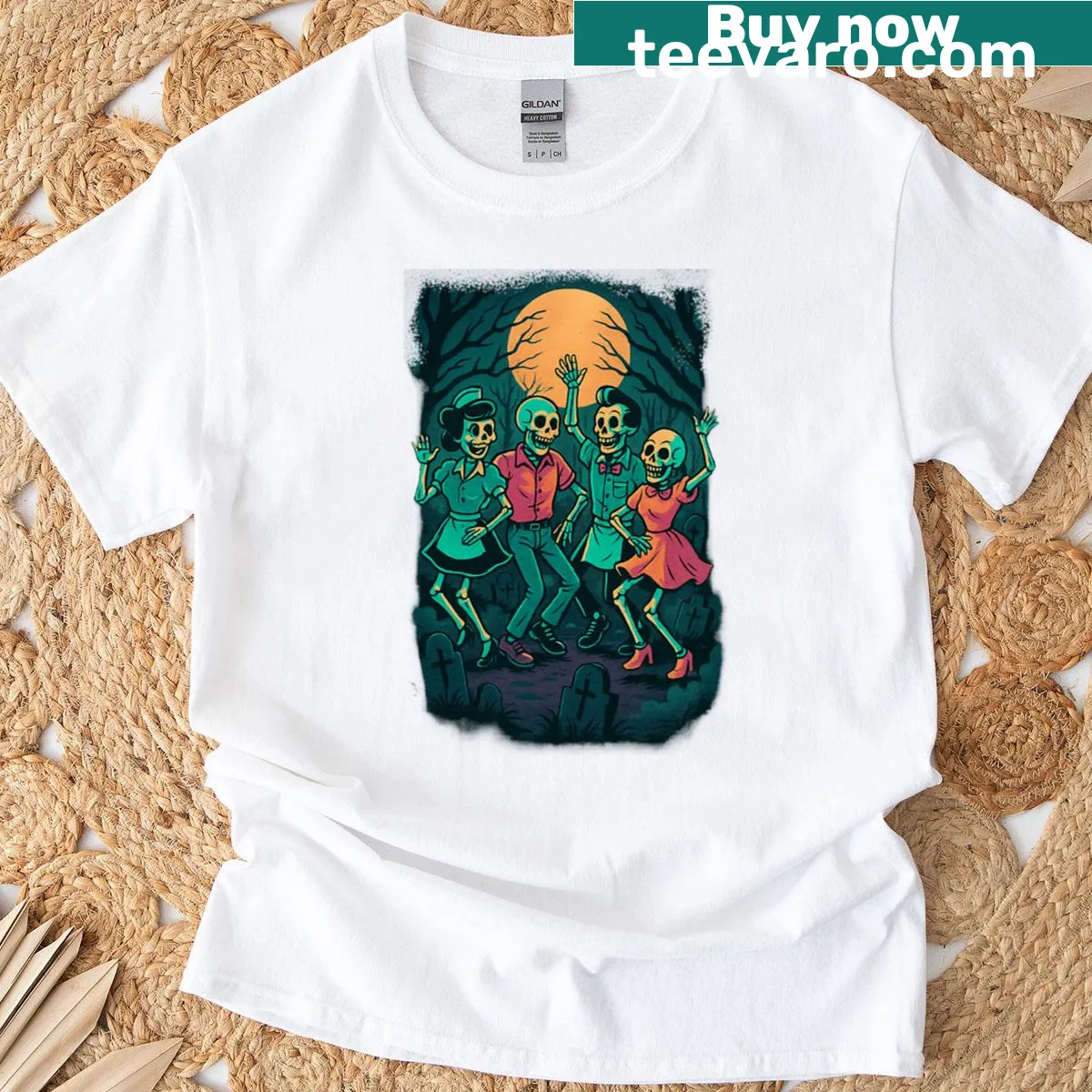 Rockabilly themed T-shirt featuring graveyard party art — on a men's t-shirt