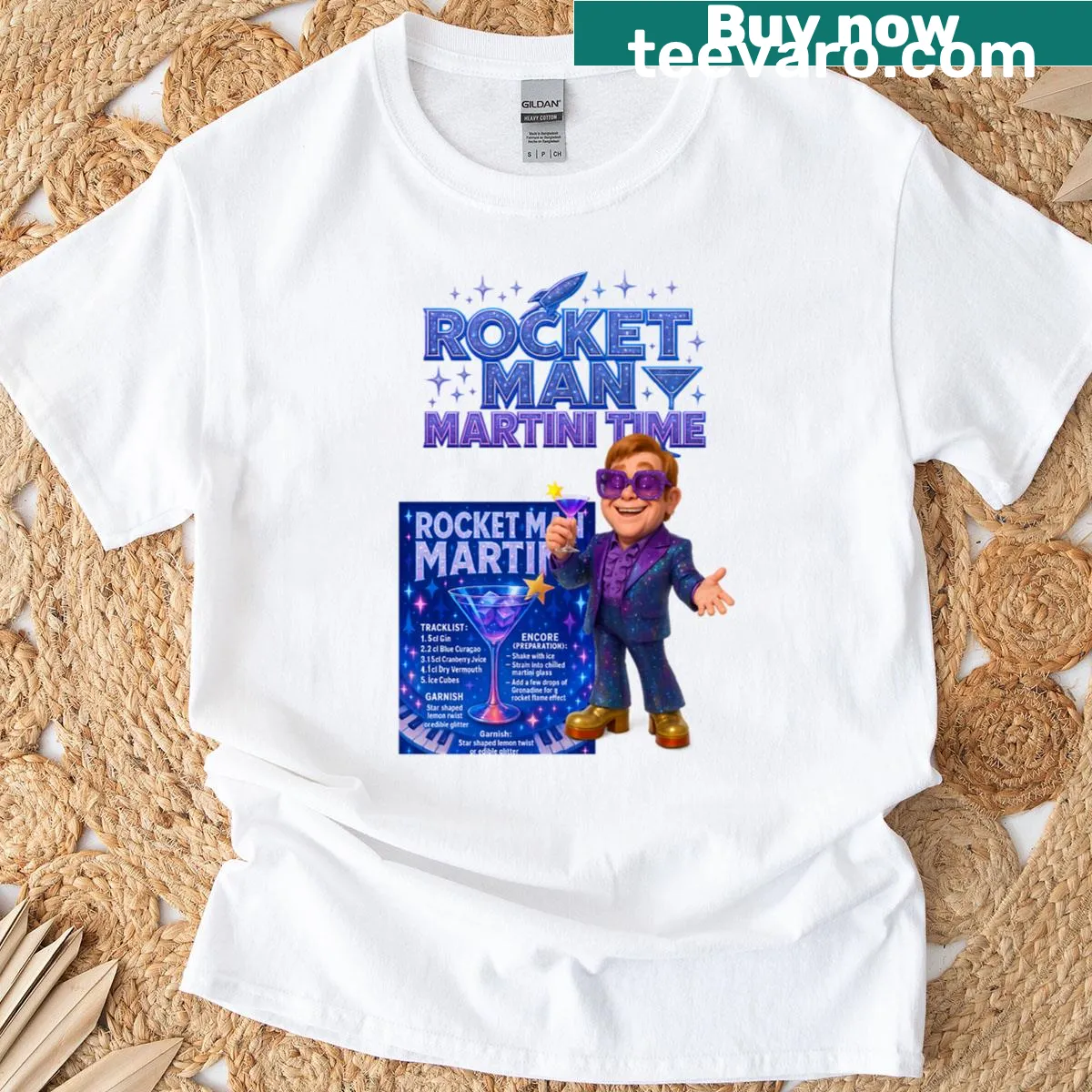 Retro cocktail poster t-shirt with Martini Time text and glam style — on a men's t-shirt
