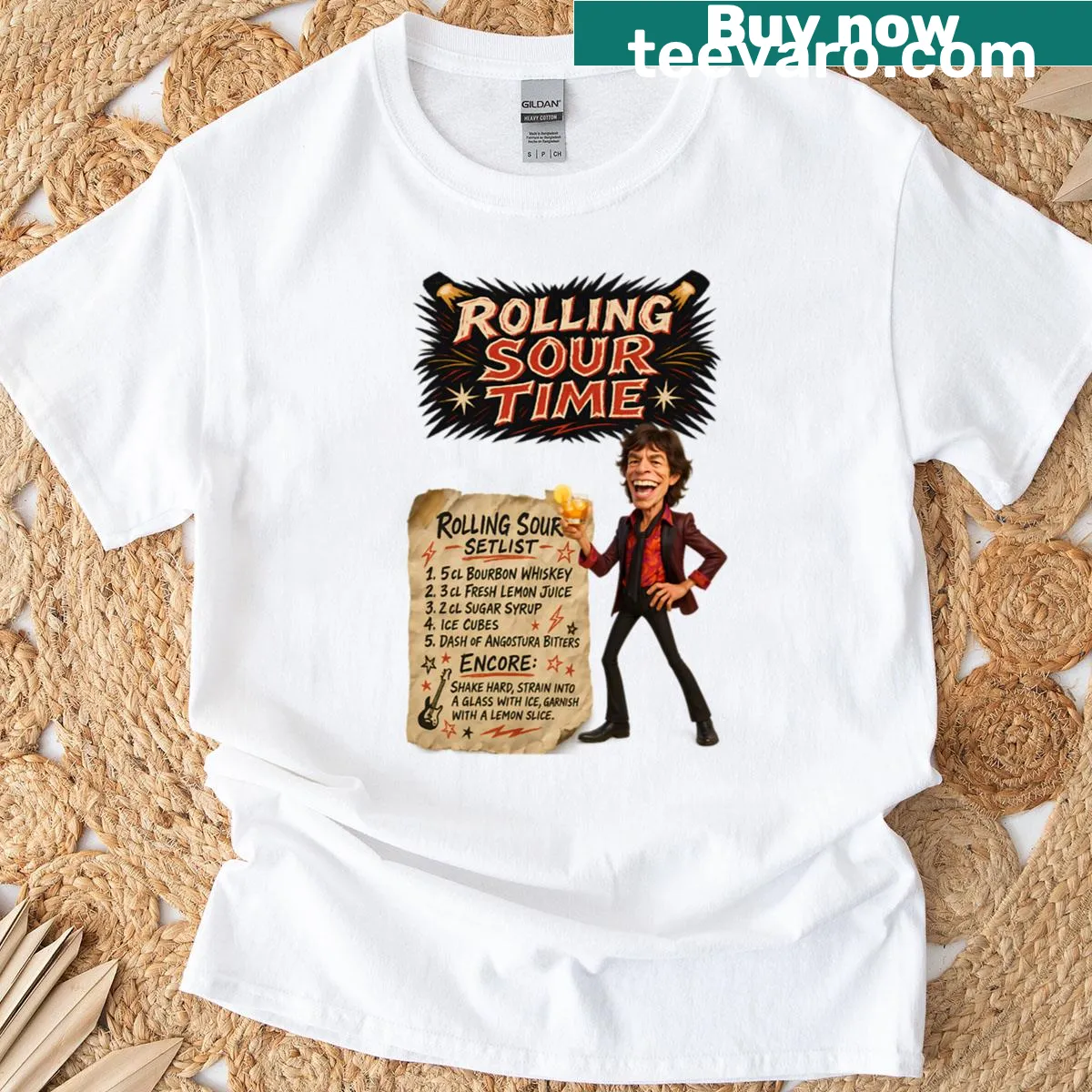 Retro cocktail poster T-shirt design with rock and roll elements. — on a men's t-shirt