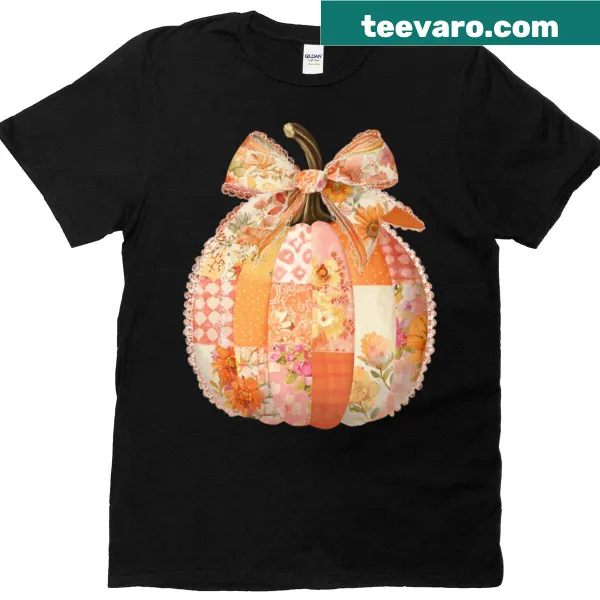 Illustrated patchwork pumpkin with floral bow design
