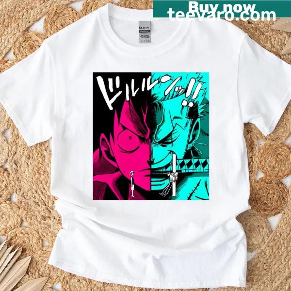 Cartoon t-shirt featuring Roronoa Zoro and Luffy characters