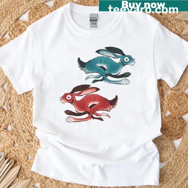 Graphic of running hares on a t-shirt