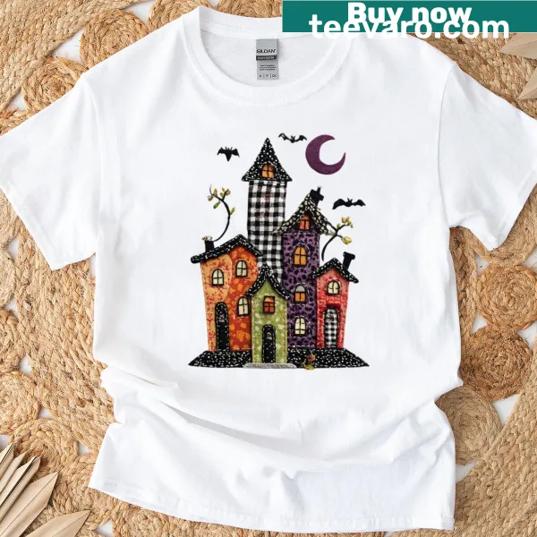 Rustic patchwork haunted house illustration for Halloween