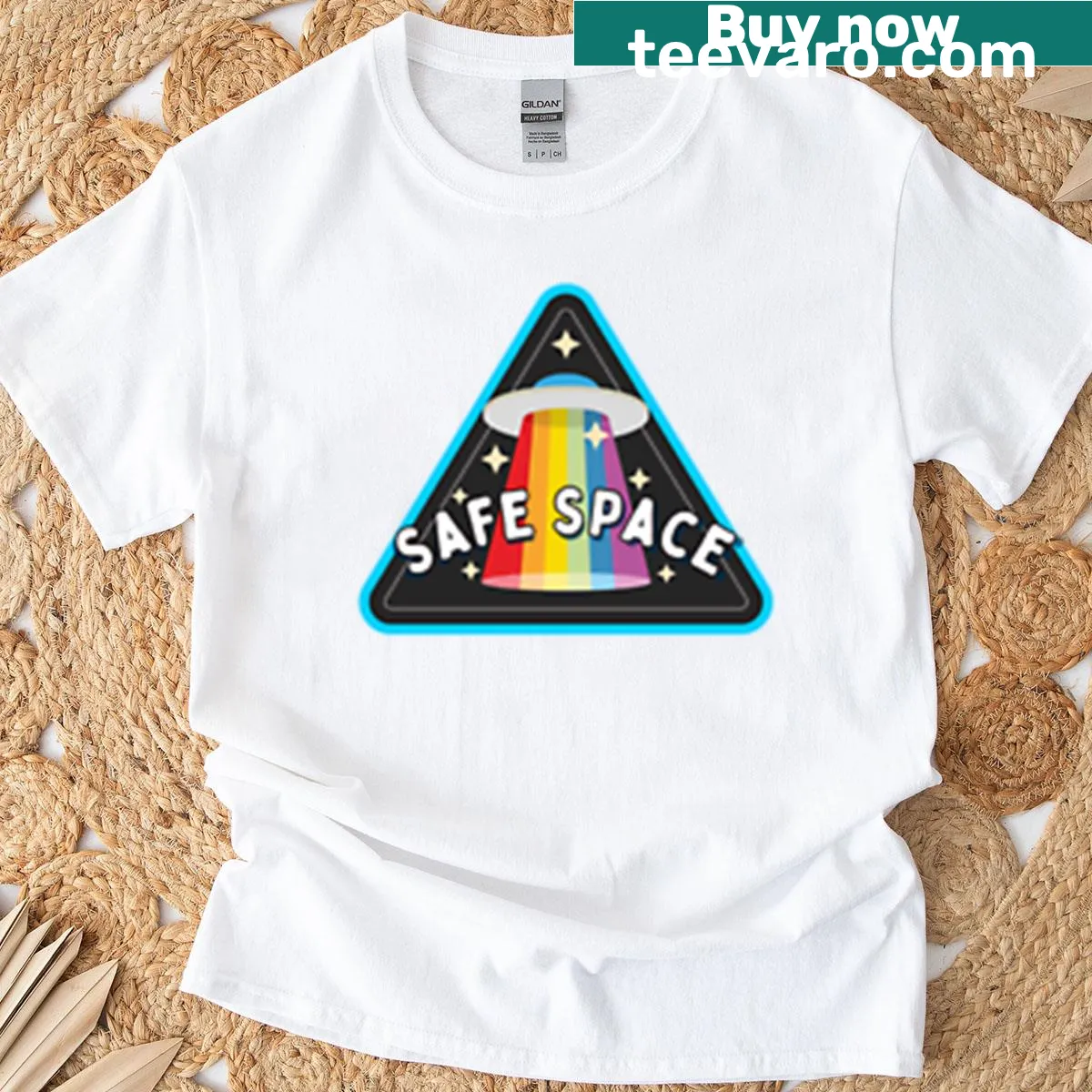 Minimalist t-shirt with Safe Space text design — on a men's t-shirt