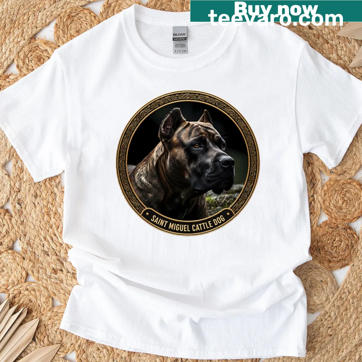 Illustrated Saint Miguel Cattle Dog design on oversized t-shirt — on a men's t-shirt