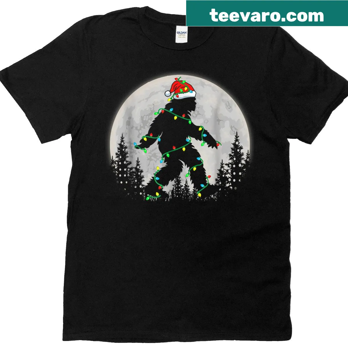 Funny Christmas shirt featuring Santa and Bigfoot lights — on a men's t-shirt