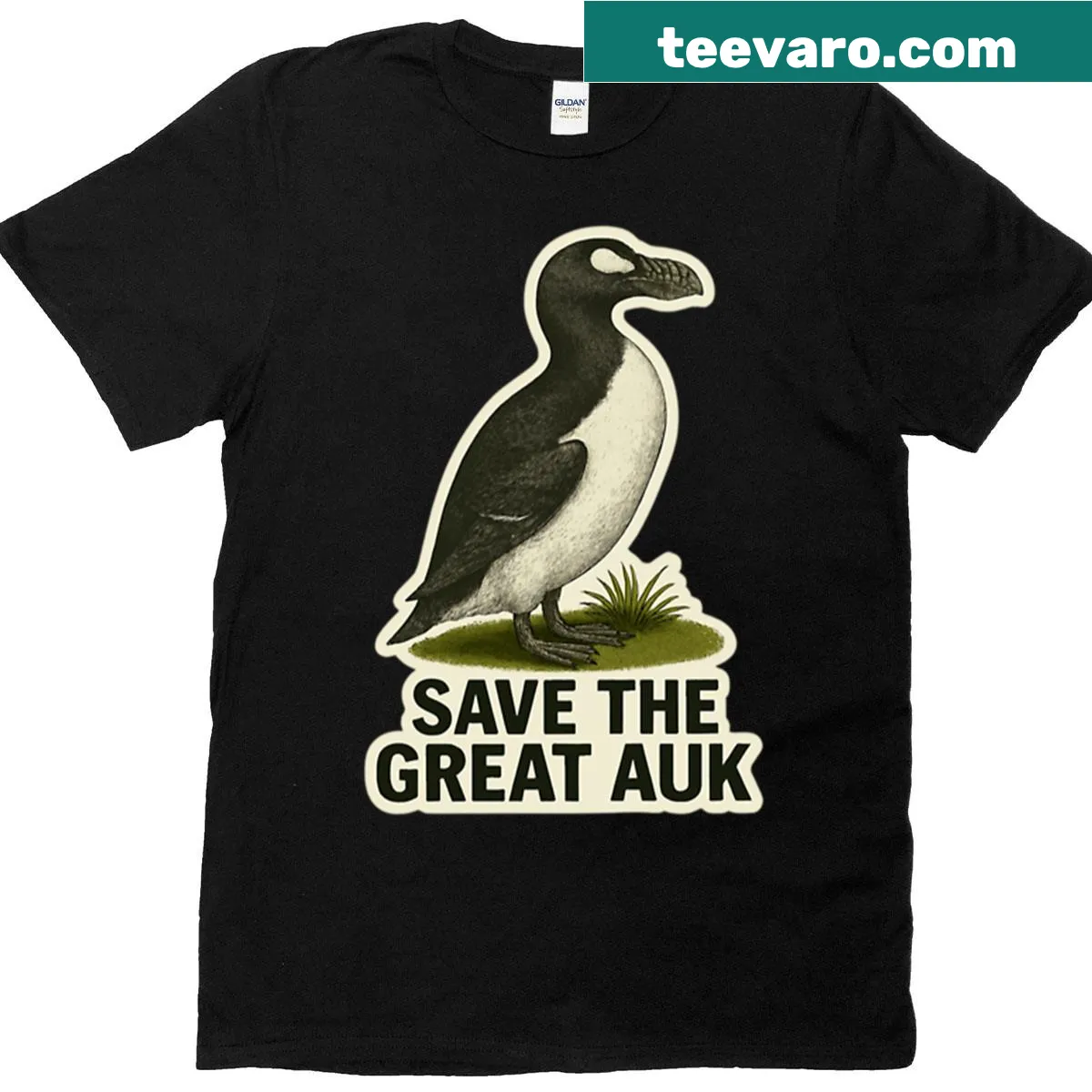 Illustrated Great Auk on a T-shirt, emphasizing conservation awareness — on a men's t-shirt
