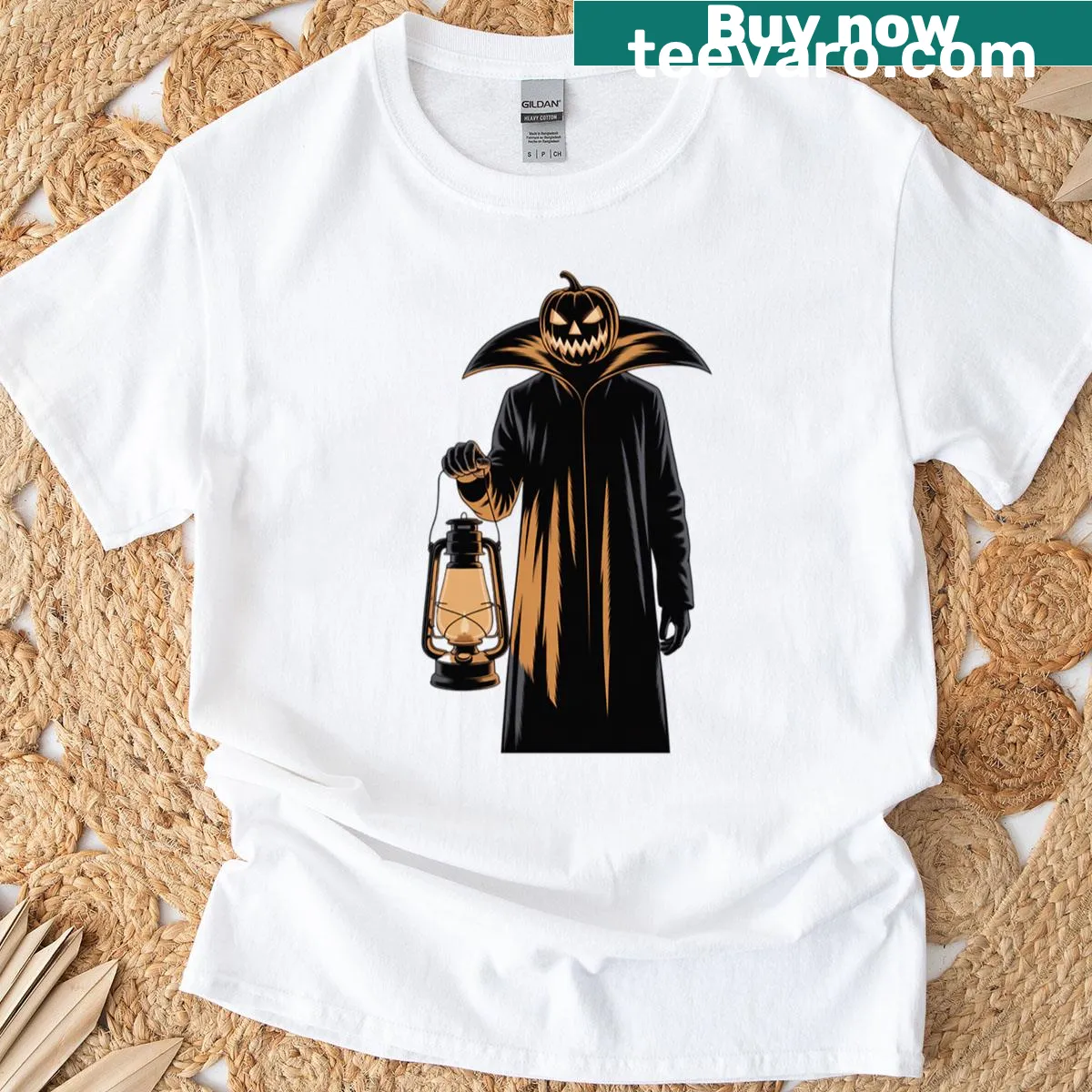 Carved pumpkin face design on a Halloween T-shirt. — on a men's t-shirt