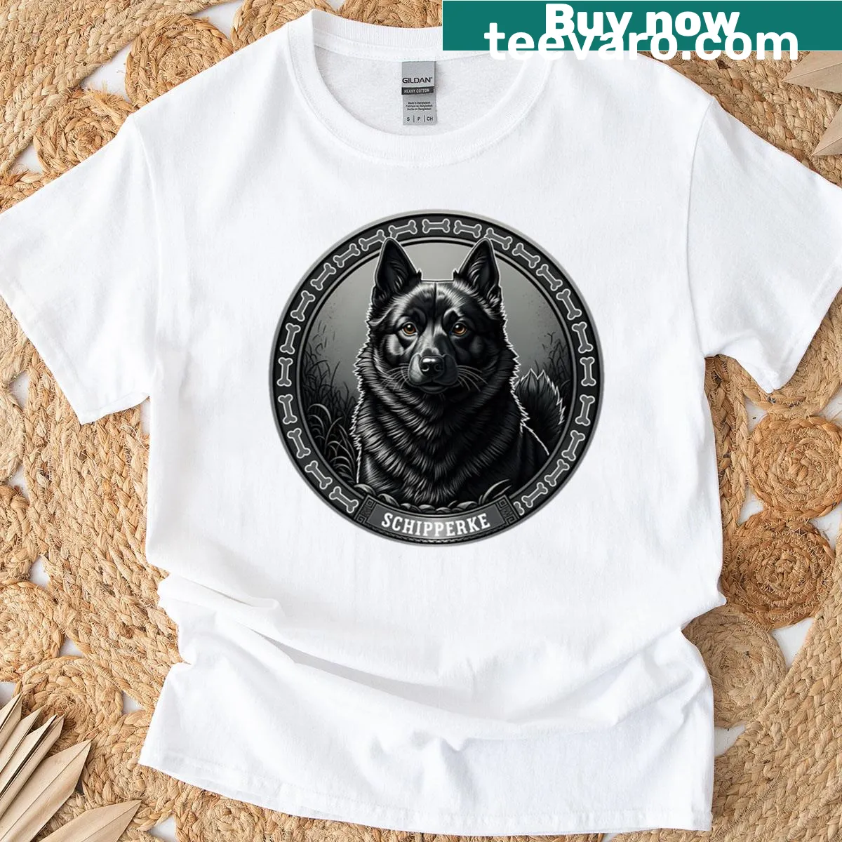 T-shirt showcasing an artistic illustration of the Schipperke dog breed — on a men's t-shirt