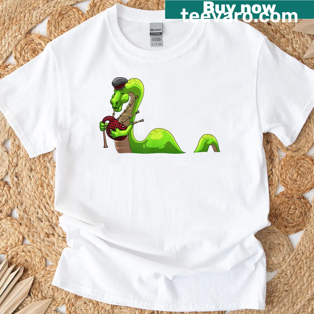 Illustrative graphic of a bagpipe on a t-shirt — on a men's t-shirt