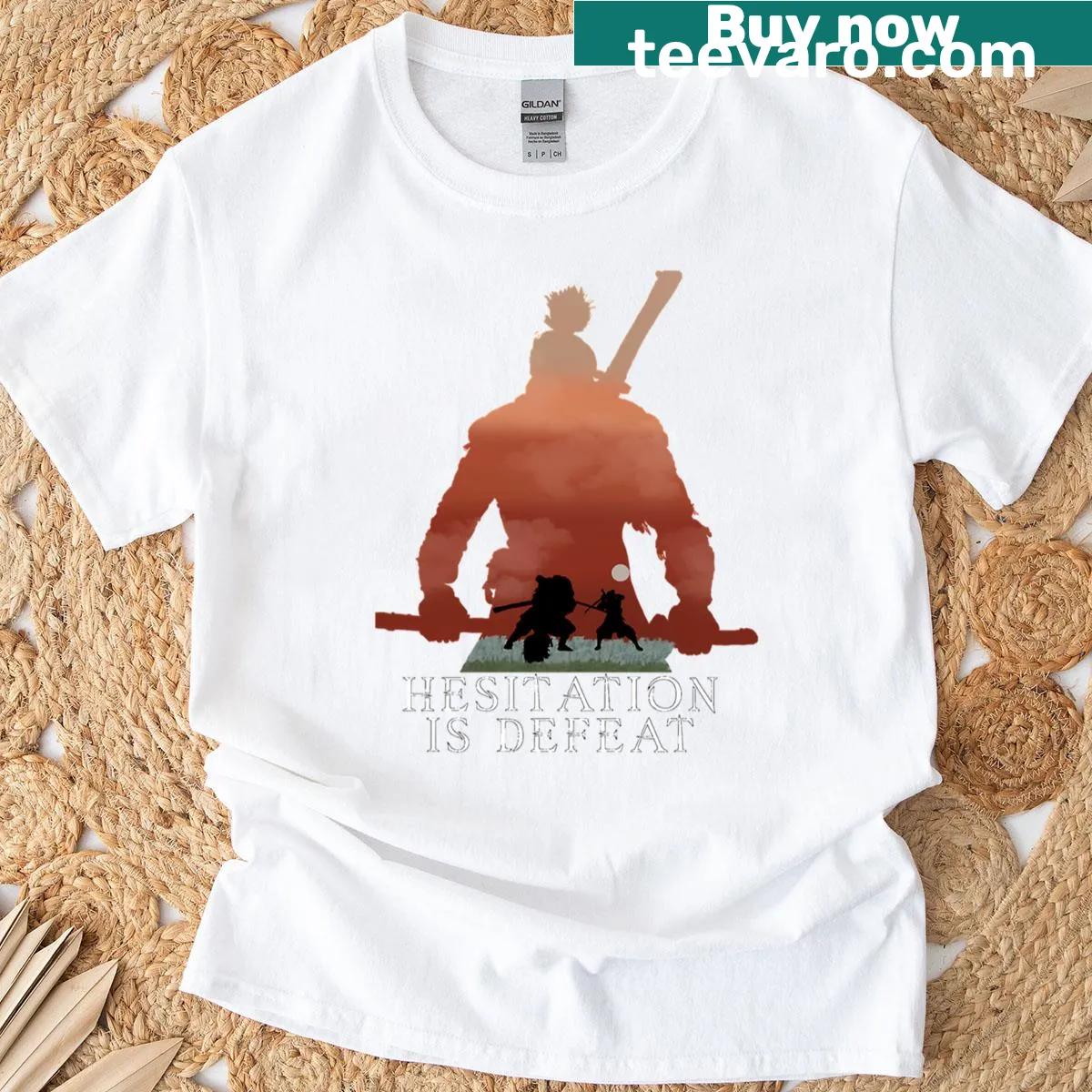 Inspirational 'Hesitation Is Defeat' text from Sekiro on a t-shirt — on a men's t-shirt