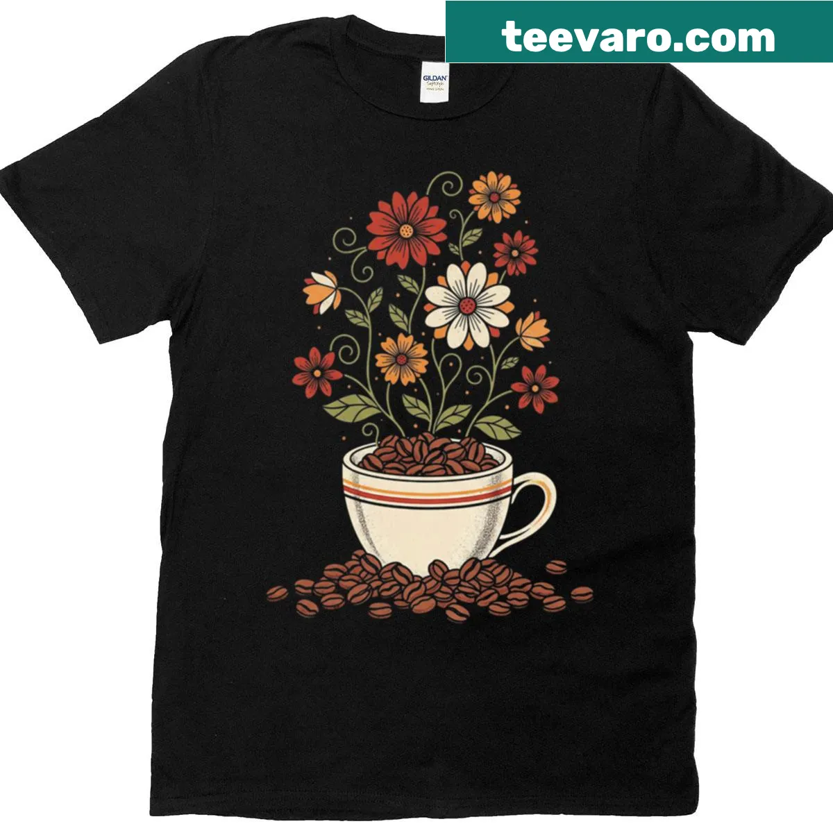 Vintage floral coffee cup design on a T-shirt — on a men's t-shirt