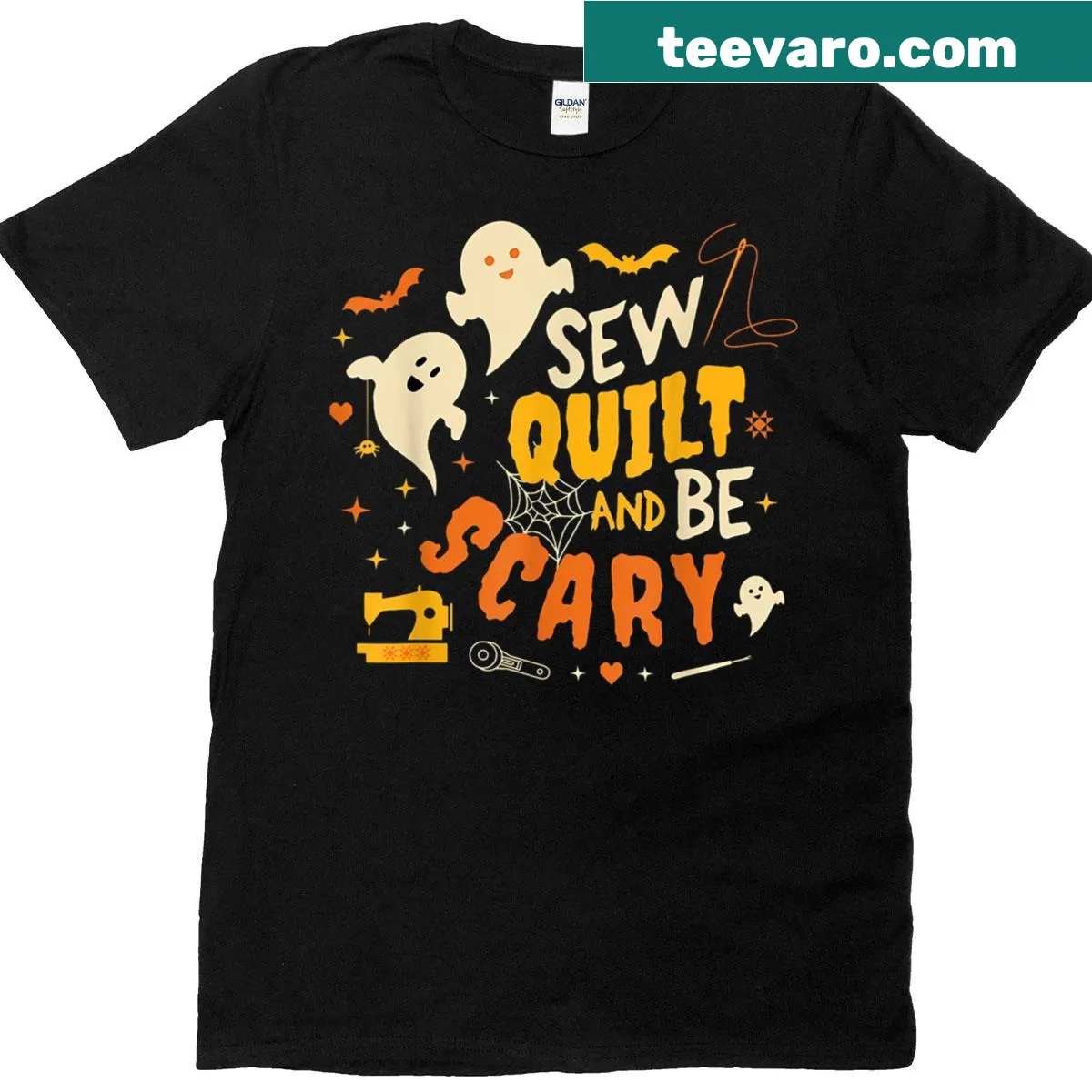 Quilting ghost holding sewing supplies on Halloween shirt — on a men's t-shirt