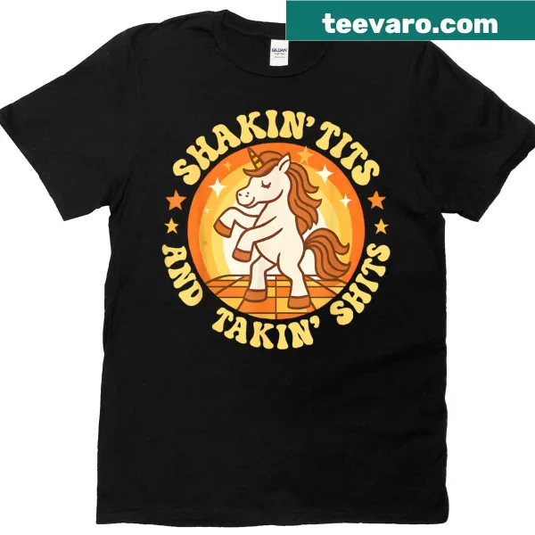 Cartoon unicorn T-shirt with adult humor text for women.