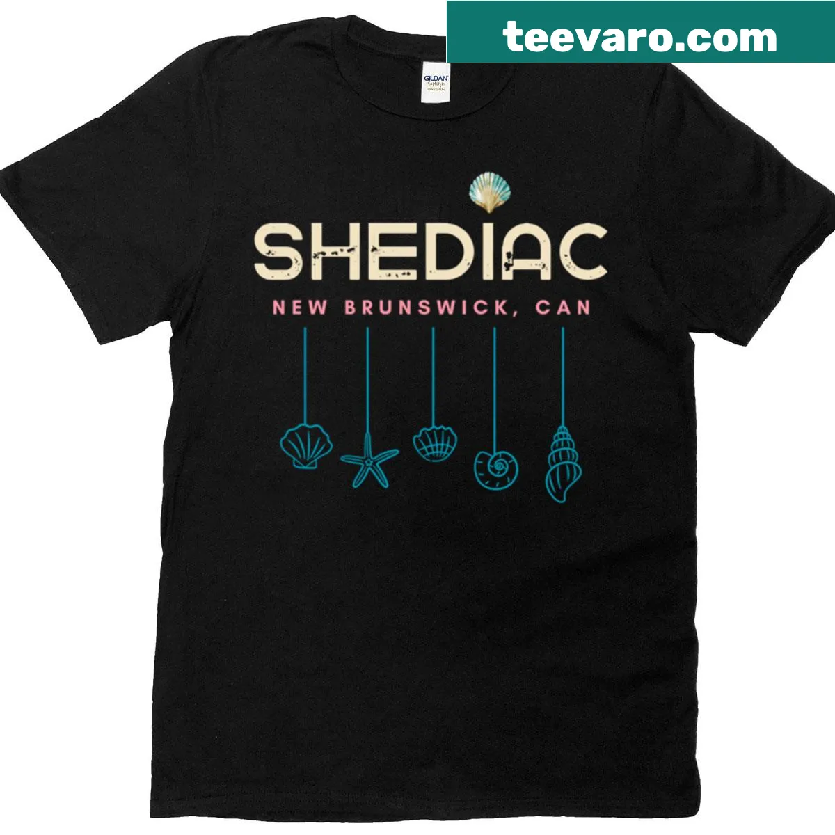 Illustrated Shediac New Brunswick T-shirt showcasing local scenery — on a men's t-shirt