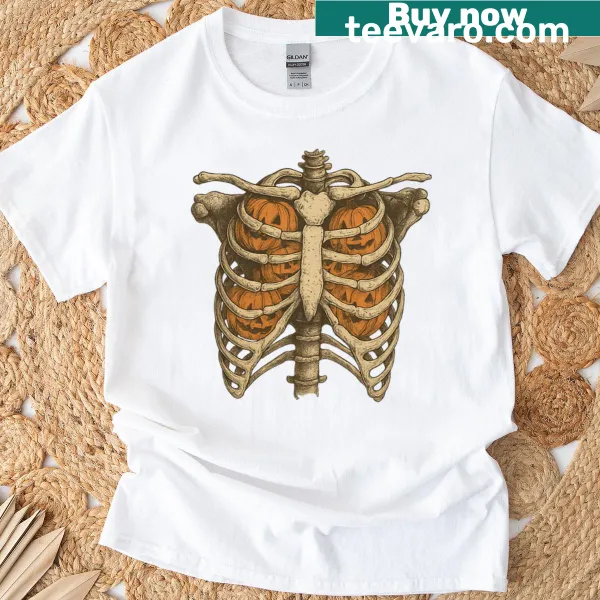 Funny Halloween T-shirt with a skeleton ribcage and pumpkins graphic
