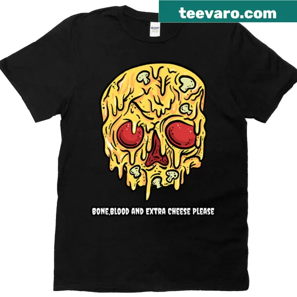Skull-themed pizza graphic on playful Halloween shirt