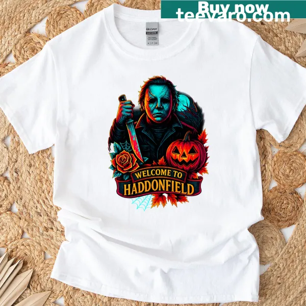 Horror-themed t-shirt featuring Haddonfield graphic.