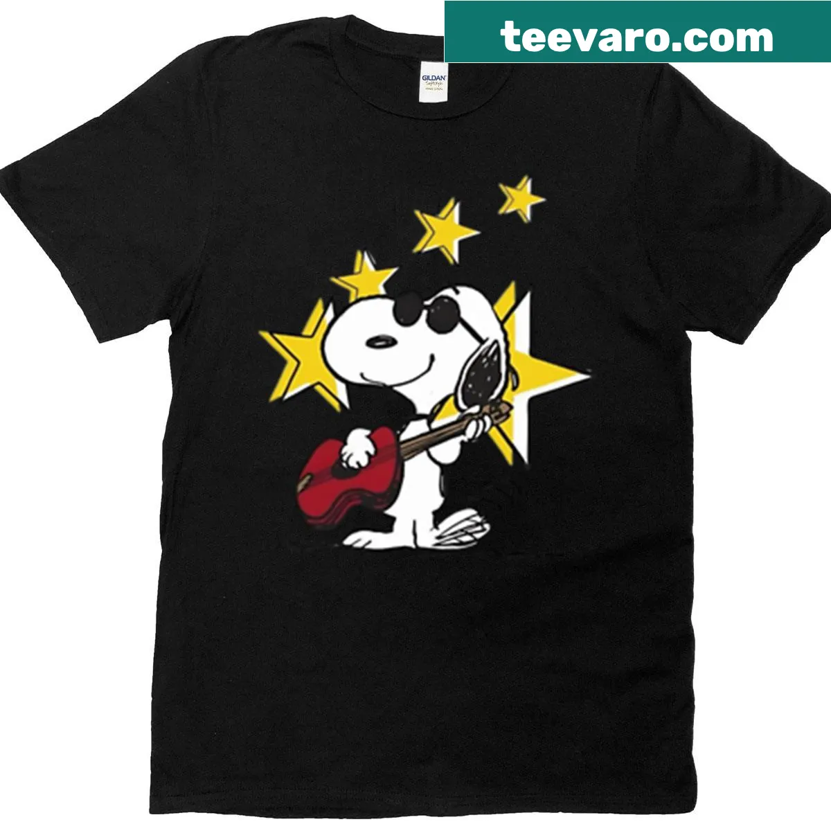 Snoopy playing guitar with stars design on a t-shirt — on a men's t-shirt